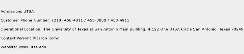 Admissions UTSA Phone Number Customer Service