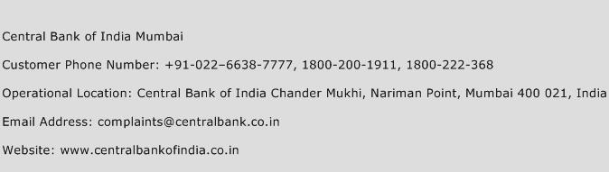 Central Bank of India Mumbai Phone Number Customer Service
