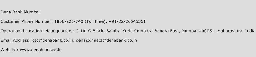 Dena Bank Mumbai Phone Number Customer Service