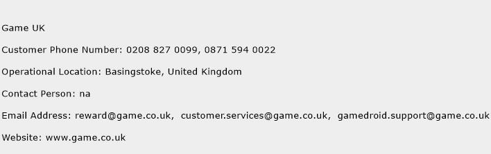 Game UK Phone Number Customer Service