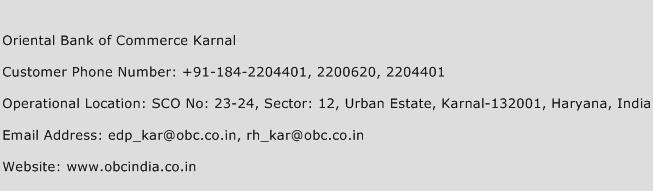 Oriental Bank of Commerce Karnal Phone Number Customer Service